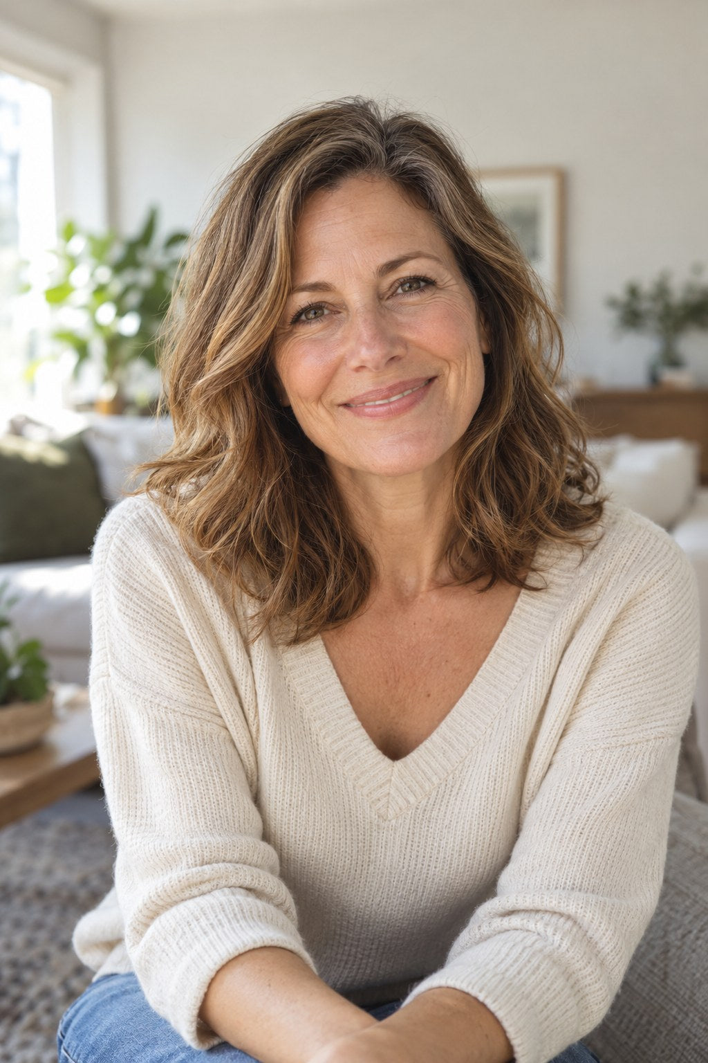 Smiling woman in a cream knit sweater