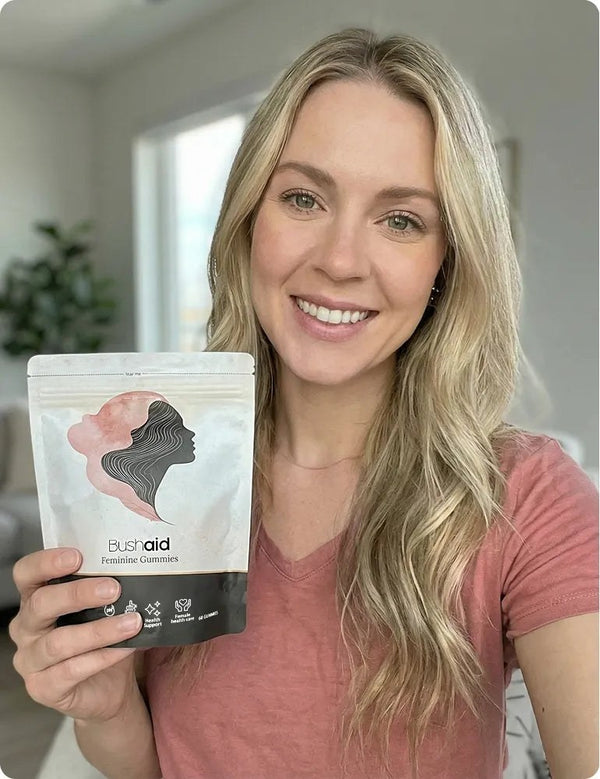 Customer holding Bushaid Feminine Balance Gummies